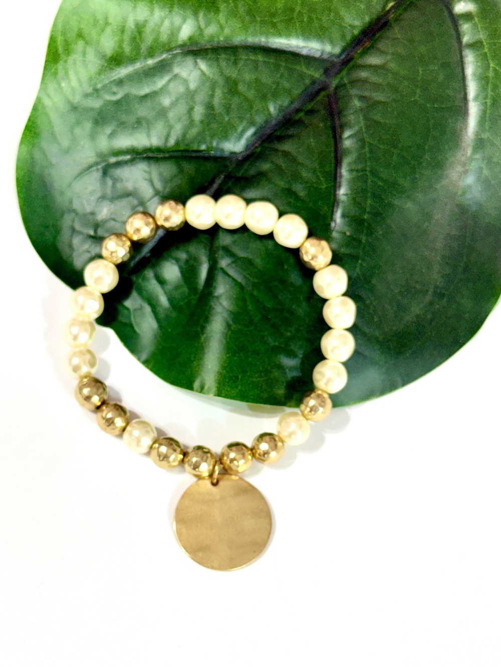 CHICO’S | Gold & Pearl Beaded Stretch Bracelet with Medallion Charm | NWOT